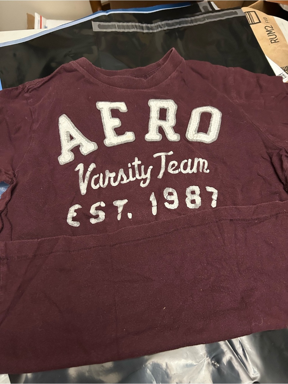 Aeropostale Maroon Short Sleeve Tee with White Varsity Applique